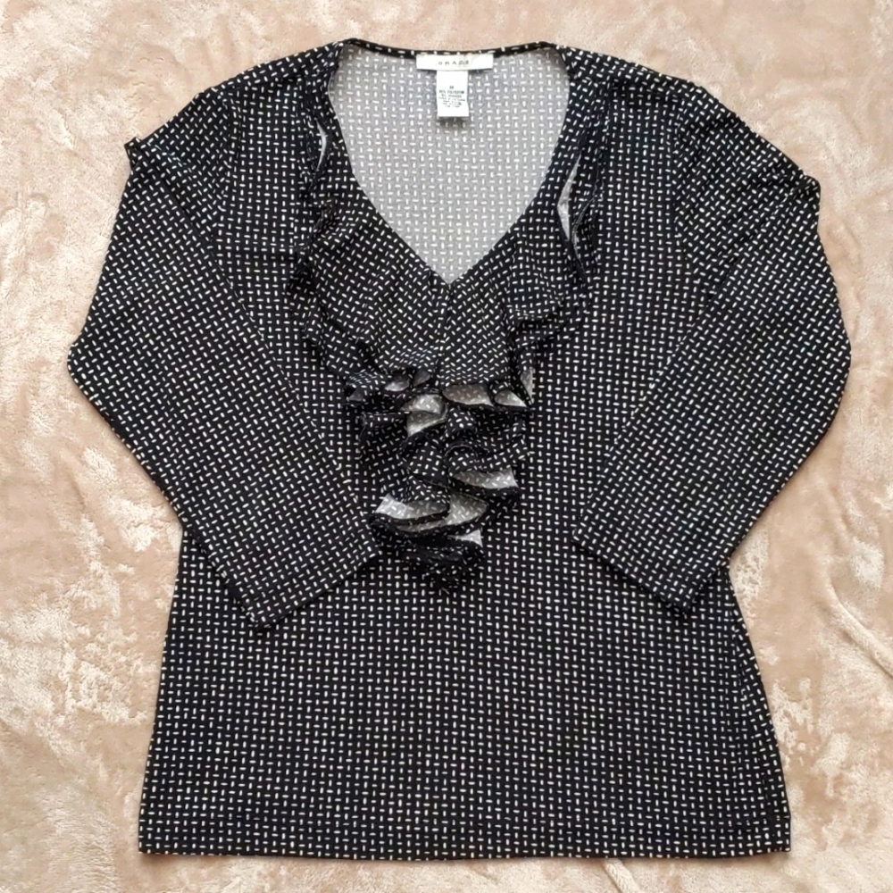 3/4 Sleeve Ruffle Front Blouse